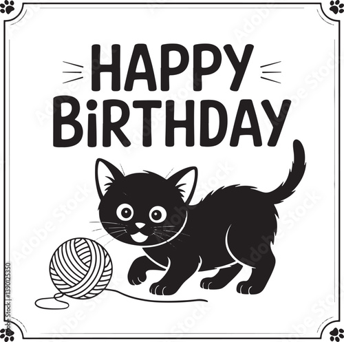 Cat playing with yarn ball vector illustration. Different cats sitting hand drawn black on white background. Pet silhouette.