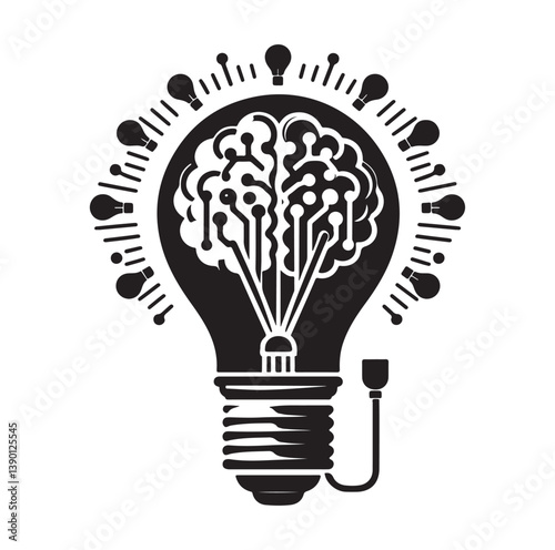 Intelligence lamp with brain idea logo icon Silhouette.