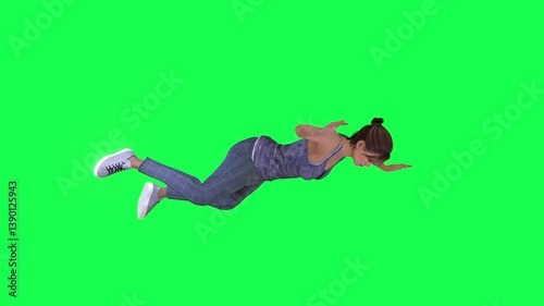 A professional-quality 3D render depicting Falling moment of young slim woman with chroma key background, great for visual effects and marketing content.