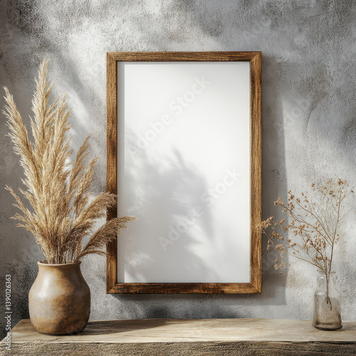 One empty frame hanging on a wall, brown wooden frame, portrait, mockup white background.