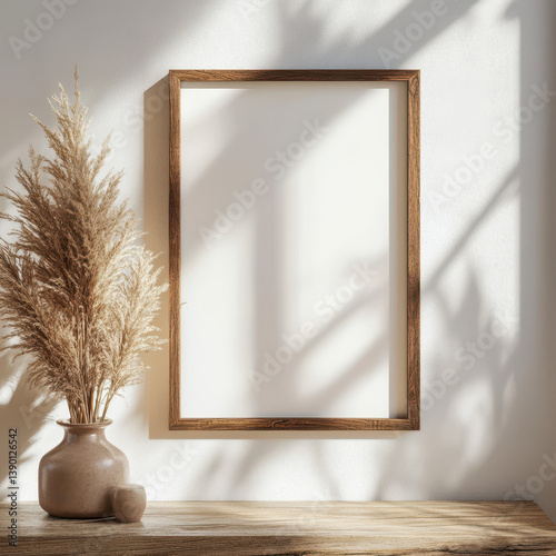 One empty frame hanging on a wall, brown wooden frame, portrait, mockup white background.
