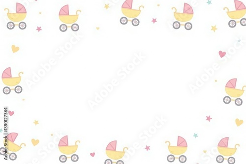 Cute pastel stroller pattern on white background, white, elegant