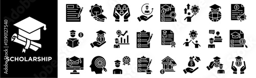 Scholarship icon Collection Set. Containing design scholarship certificate, community service, loyalty, essay, innovative ideas	