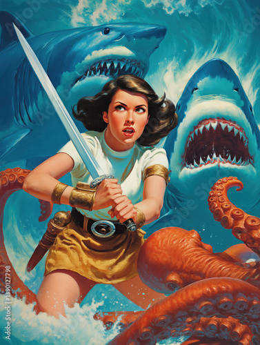 Fearless Female Hero Wielding Sword in Epic Underwater Battle with Shark and Octopus - Pulp Art Fantasy Adventure