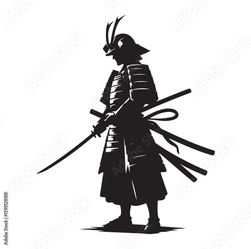 Samurai Silhouette vector isolated on white background stock illustration.