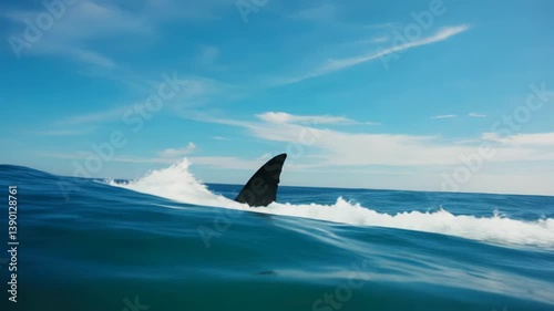 4k video of a shark's fin swimming in the ocean.