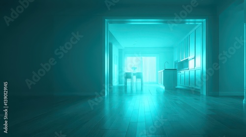 Inside a contemporary kitchen, a striking blue light creates an otherworldly ambiance