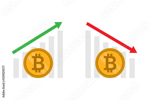 Bitcoin coin with green and red arrows.