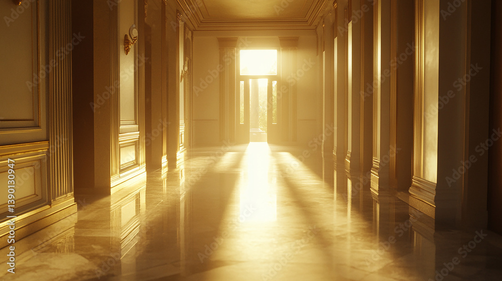 Abandoned hallway with warm light at far end center Abandoned hallway with warm light at far end center
