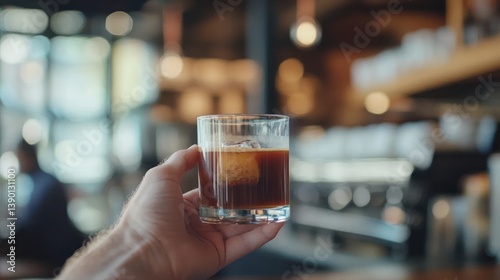 Wallpaper Mural Hand holding a glass of coffee in modern cafe setting. Torontodigital.ca