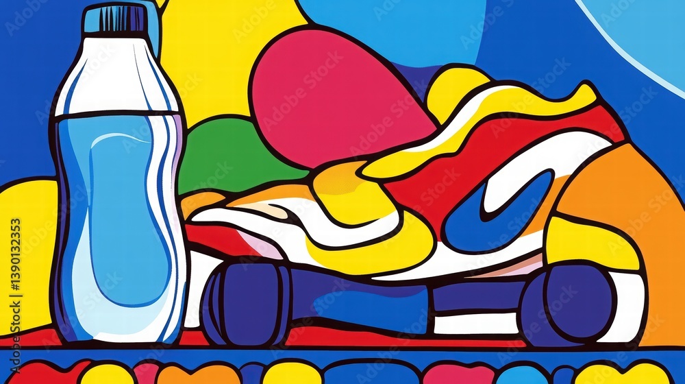 Colorful Fitness Still Life with Water Bottle and Dumbbells