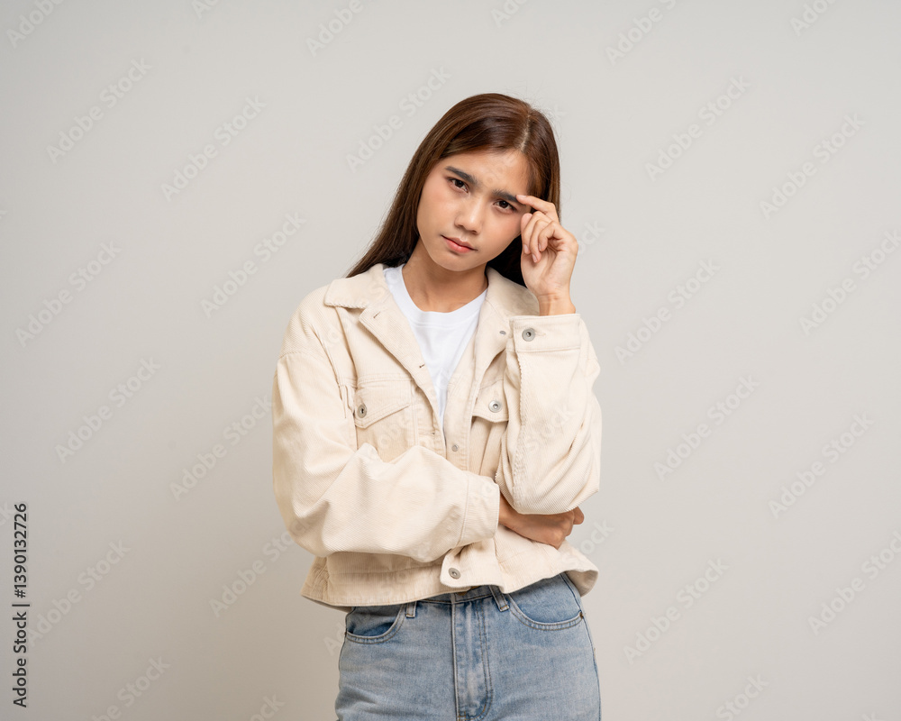 Beautiful young asian woman thinking. Charming female lady standing pose thinking on isolated white blank background. Asian woman cute people with copyspace Beautiful young asian woman thinking. Charming female lady standing pose thinking on isolated white blank background. Asian woman cute people with copyspace