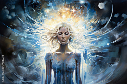Celestial woman with glowing hair and closed eyes surrounded by cosmic light bursts, stars and planetary forms in dreamy space atmosphere. Spiritual or fantasy. Celestial queen in glowing starlight