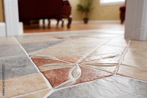 A close up of floor tiles with an inlaid flower design, furniture is blurred in the background to create a warm and inviting living space.