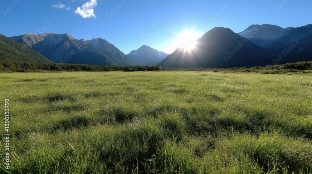 Fototapeta premium Lush meadow bathed in golden sunlight, mountains in the background