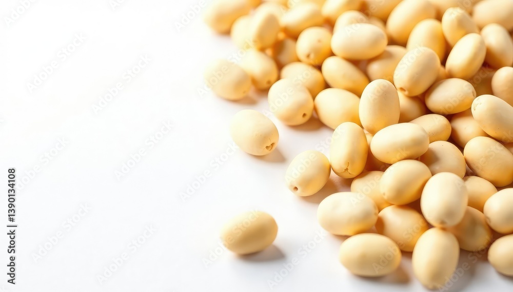 Scattered dried white beans on white background, white beans, ingredient photography Scattered dried white beans on white background, white beans, ingredient photography