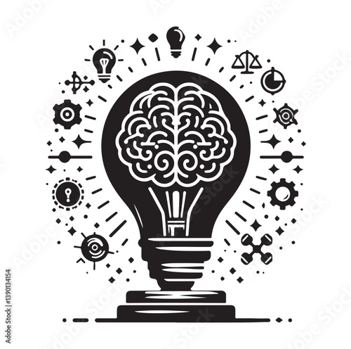 Intelligence lamp with brain idea logo icon Silhouette.