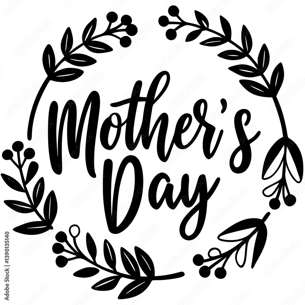 Obraz premium Happy mothers day calligraphy, floral text on white background
