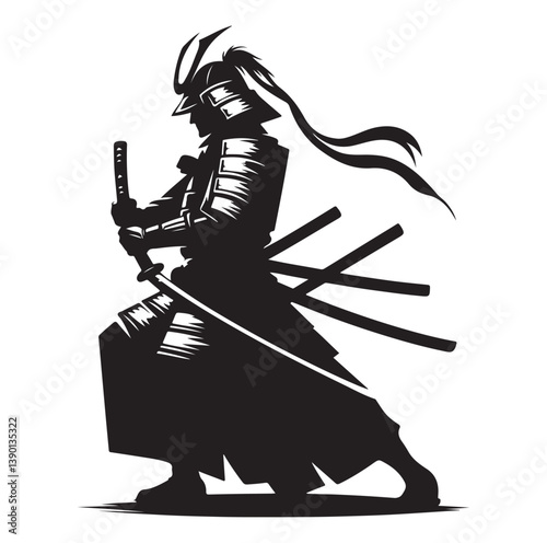 Samurai Silhouette vector isolated on white background stock illustration.