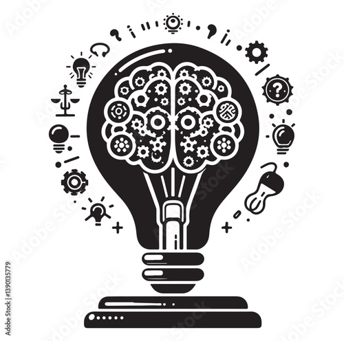 Intelligence lamp with brain idea logo icon Silhouette.