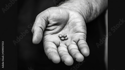 A weathered hand, calloused and lined with age, holds a small pile of pills against a stark black background,