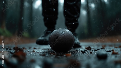 Person s feet near a ball on a wet path in a forest
