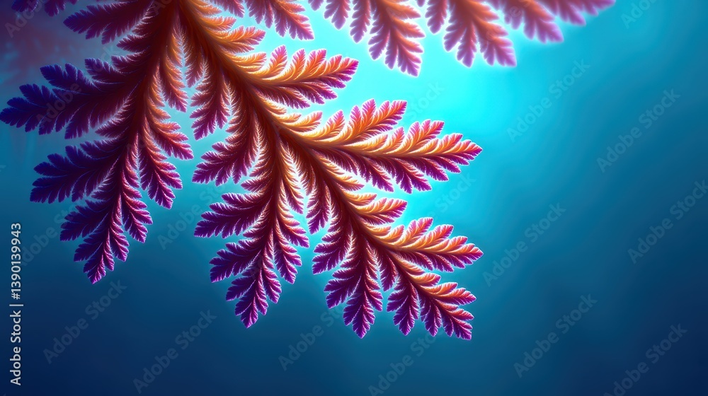 A detailed fractal design shows colorful, fern-like structures arching elegantly from a deep blue background. The vivid purple and orange hues create a surreal visual experience A detailed fractal design shows colorful, fern-like structures arching elegantly from a deep blue background. The vivid purple and orange hues create a surreal visual experience
