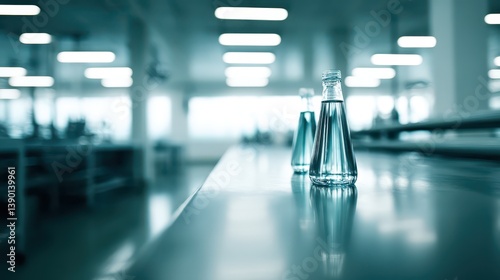 Wallpaper Mural Bottles filled with bioplastics are arranged on a reflective surface in a production facility, highlighting advancements in sustainable materials Torontodigital.ca