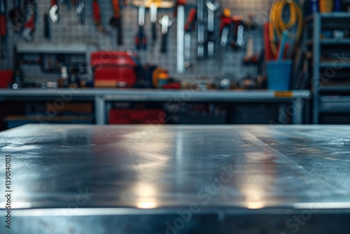 Wallpaper Mural metal blank tabletop with blurred automotive tools and parts in the background suitable for promoting automotive products Torontodigital.ca
