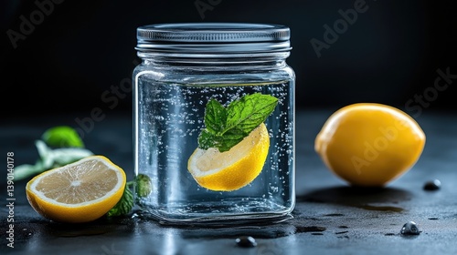 Wallpaper Mural Refreshing summer drink in a square glass jar.  A slice of lemon and fresh mint leaves are suspended in the bubbly water Torontodigital.ca
