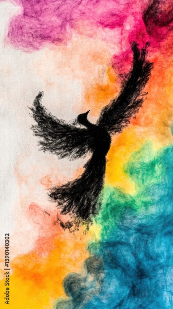 Colorful Abstract Illustration of a Phoenix Rising from the Flames