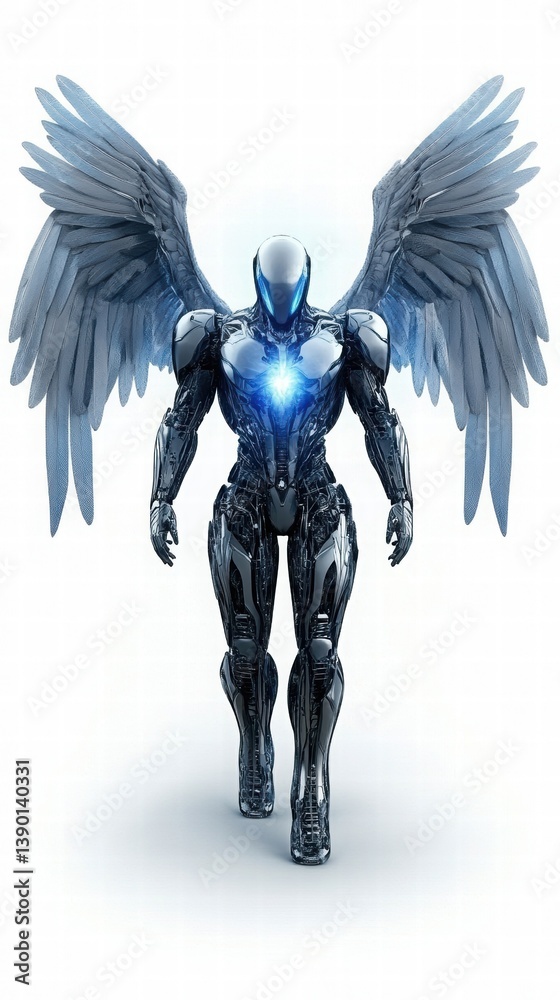 Futuristic Robot with Wings and Glowing Heart Element