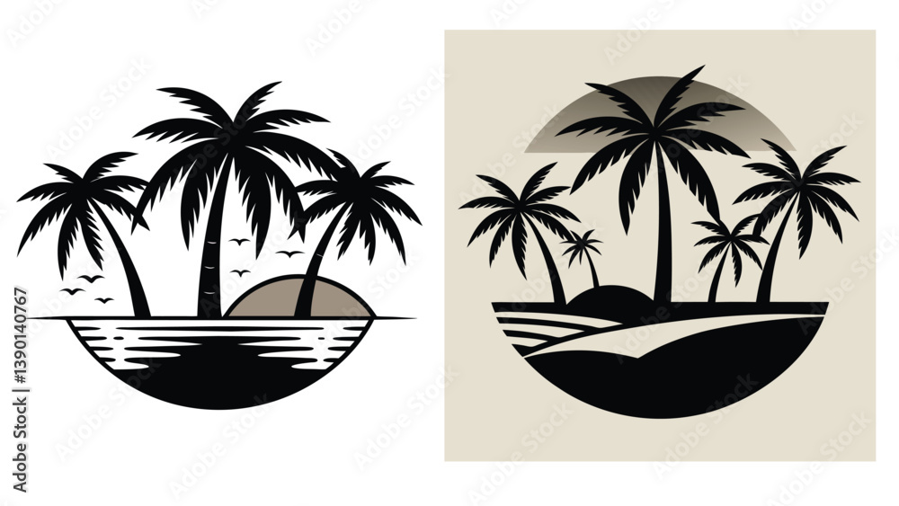 Fototapeta premium tropical Island Silhouette with Palm Trees in Minimalist Vector Style.