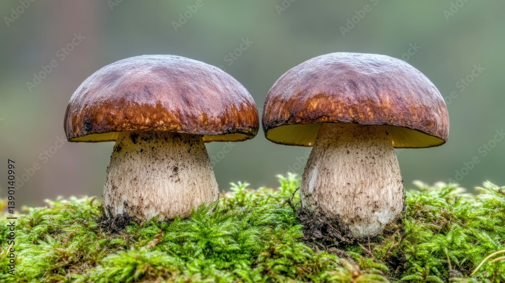 Two plump mushrooms on moss Two plump mushrooms on moss