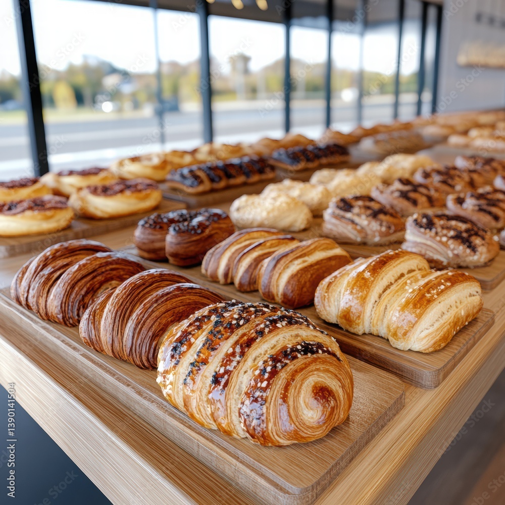 Freshly Baked Pastries Displayed on Wooden Counter in Bakery