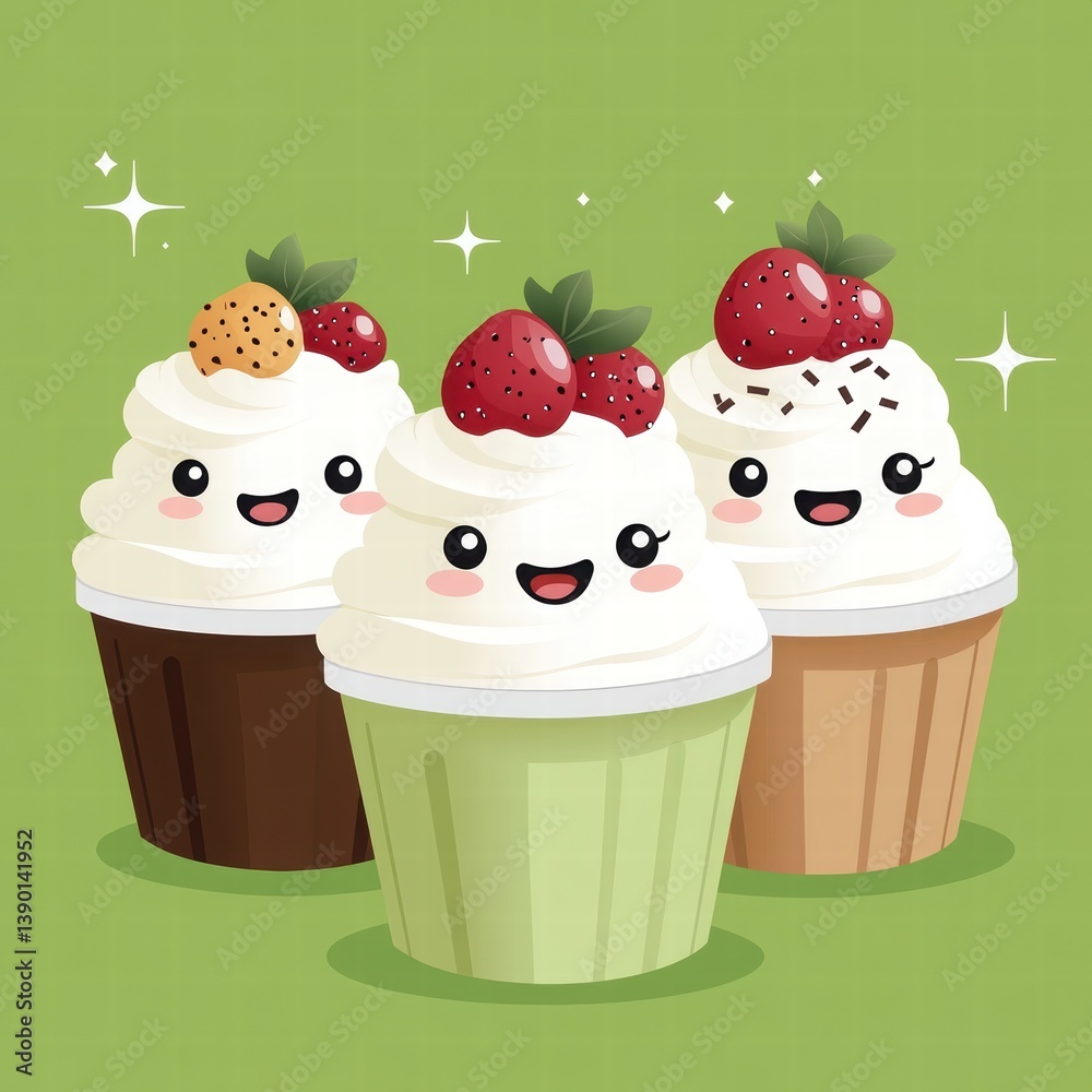 Cute Cartoon Ice Cream Cups with Happy Faces and Colorful Toppings