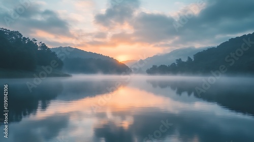 Serene sunrise over misty lake and hills.