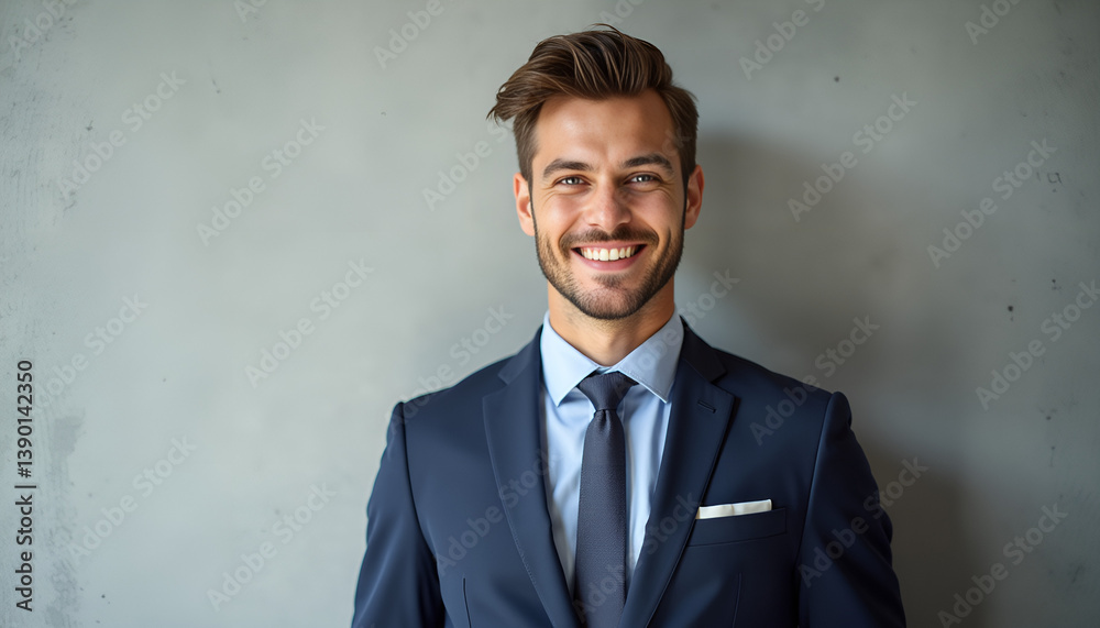 Smiling young businessman wearing a suit with a bright smile against a gray background Smiling young businessman wearing a suit with a bright smile against a gray background