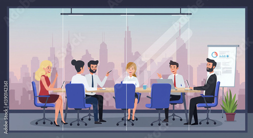 A flat design of business meeting in a glass conference room 