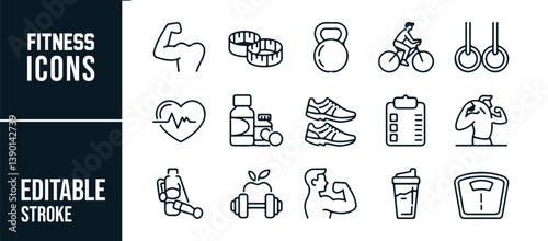 Set of Editable Fitness Icons for Exercise, Health, and Sports Activities