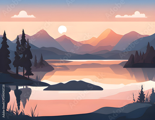 Summer landscape in the mountains near the lake Sunrise background