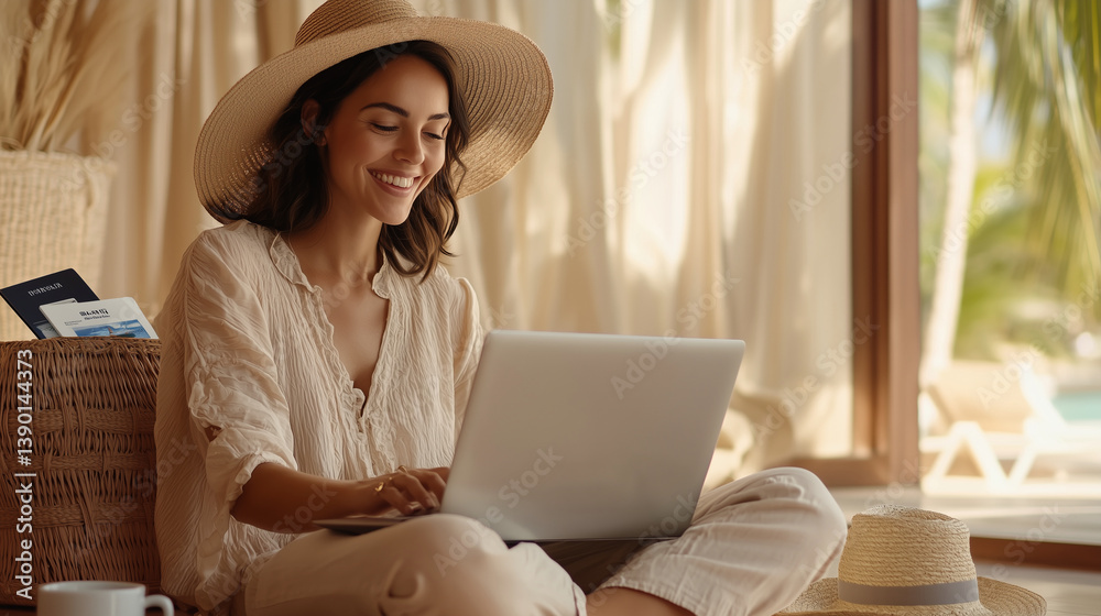 A woman booking travel tickets online with excitement