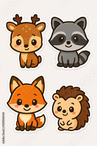 Adorable cartoon illustration featuring four forest animals: deer, raccoon, fox and hedgehog, all smiling and friendly, ideal for children’s designs, stories and educational projects