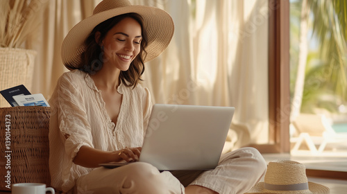 Obraz na płótnie A woman booking travel tickets online with excitement w salonie