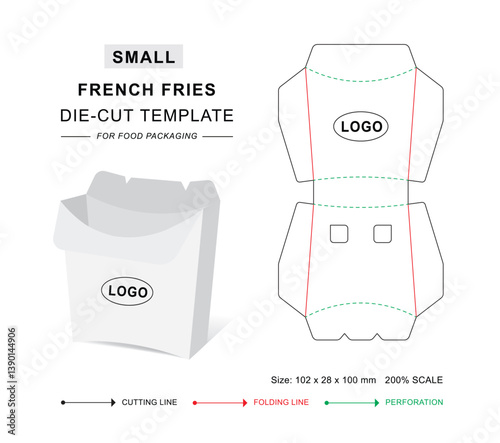 French fries small pouch die cut template with 3D blank mockup