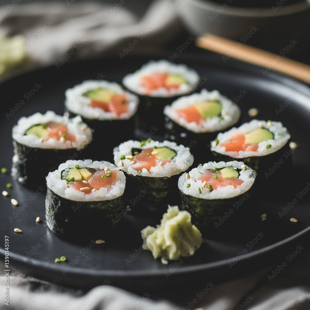 fresh sushi platter featuring salmon, tuna, and avocado rolls is artfully arranged on black plate, garnished with wasabi and sesame seeds, creating delightful culinary presentation
