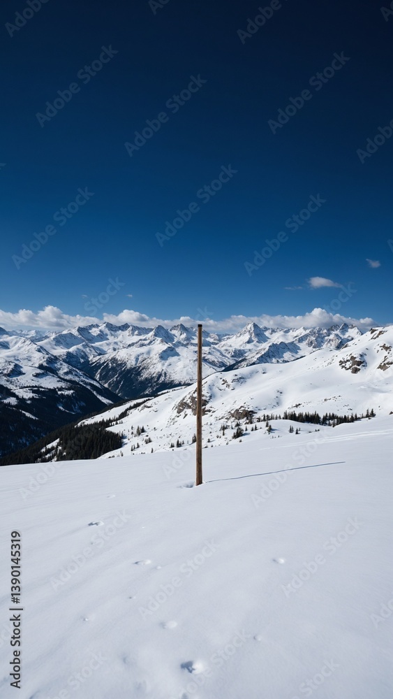 Fototapeta premium Snow-covered Landscape with a Single Vertical Pole Standing Out Against Majestic Mountain Range and Clear Blue Sky