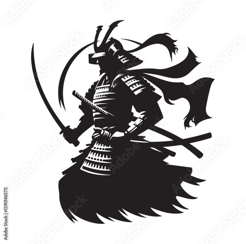 Samurai Silhouette vector isolated on white background stock illustration.