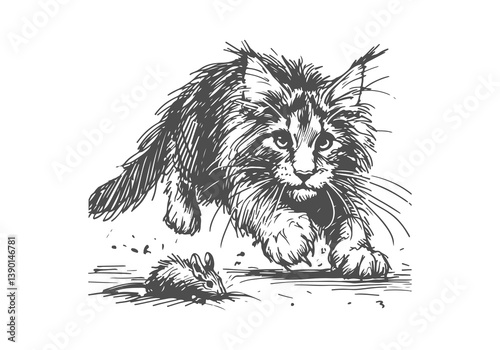 Maine Coon Cat Hand Drawn Illustration Sketch Vector Isolated Graphic Resource