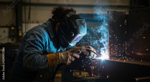 Welder working with sparks flying in dark workshop